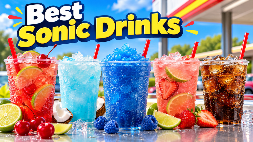 Best Sonic drinks featuring Cherry Limeade, Ocean Water, Blue Raspberry Slush, Strawberry Limeade, and iced soda.